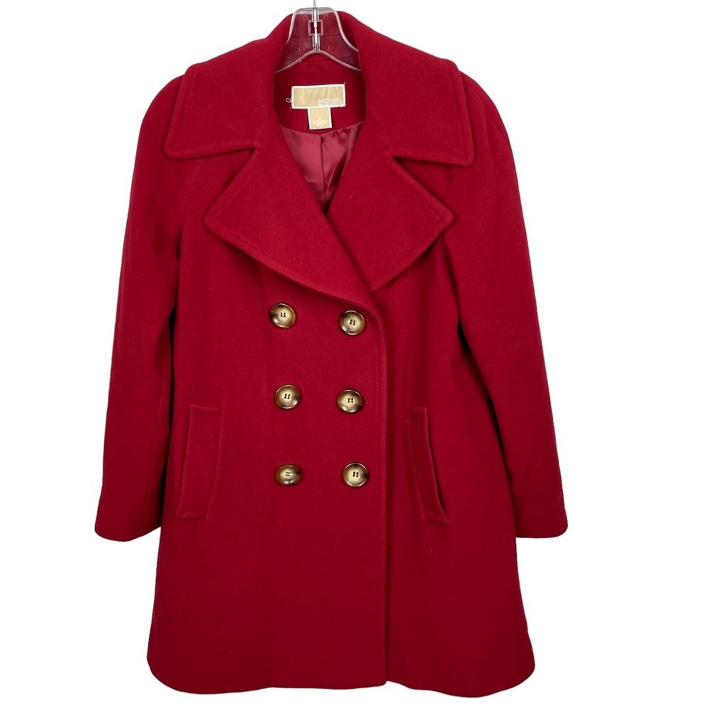 Michael Kors Red Double Breasted Lambwool Pea Coat With Front Pockets Size 4P